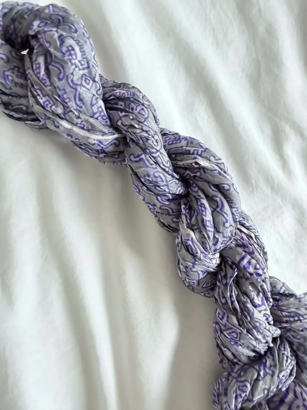Vintage 100% Silk Purple and Grey Geometric Printed Crinkle Scarf